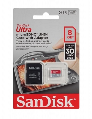 Sandisk Ultra microSDHC Class 10 UHS Class 1 30MB/s 8GB + SD adapter карты памяти microsd купить объем памяти: 8 ГБ 