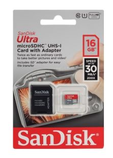 Sandisk Ultra microSDHC Class 10 UHS Class 1 30MB/s 16GB + SD adapter карты памяти microsd купить объем памяти 16 ГБ 